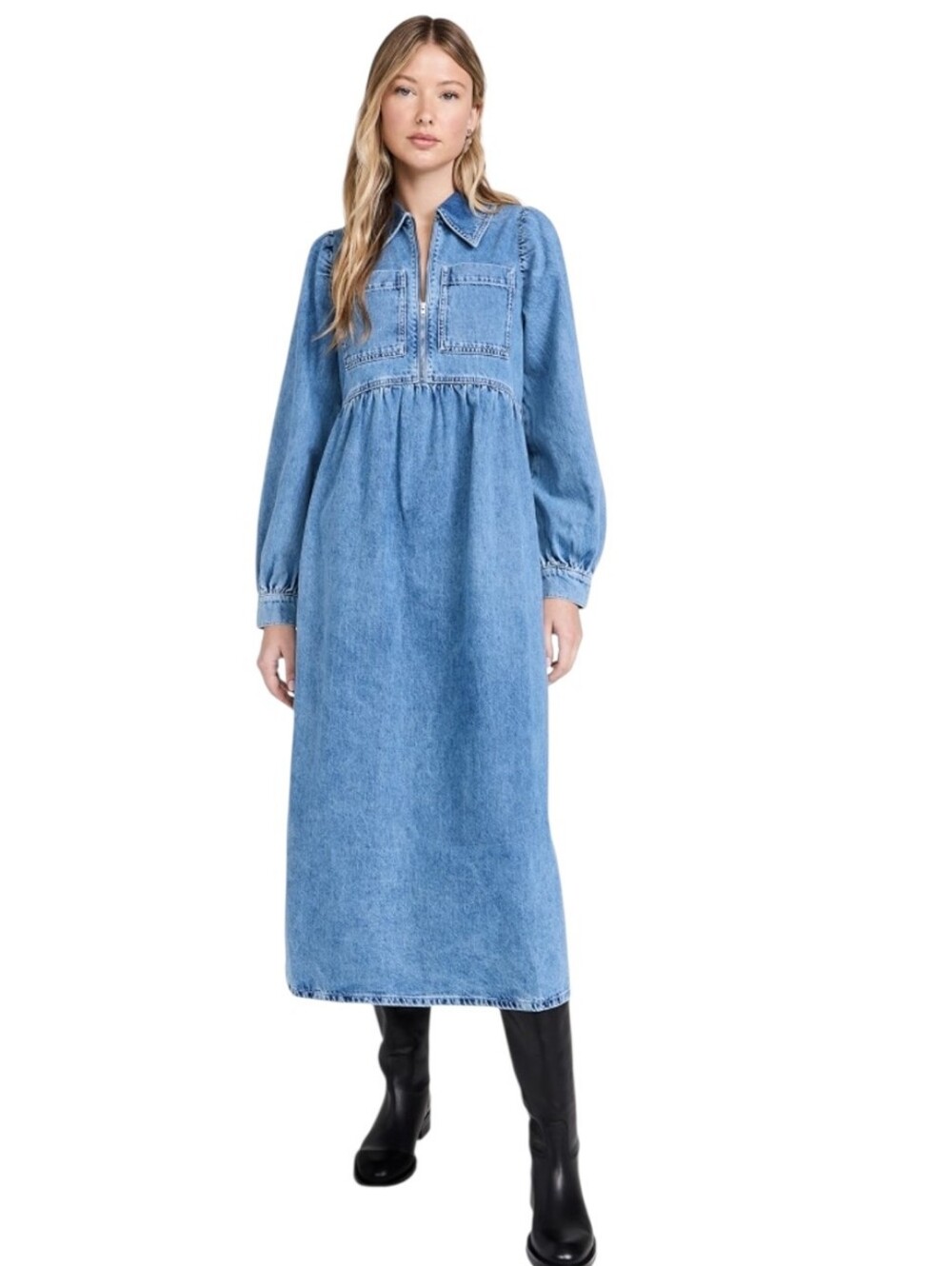 Aligne Gabriella Puff Sleeve Denim Midi Dress Anthropologie